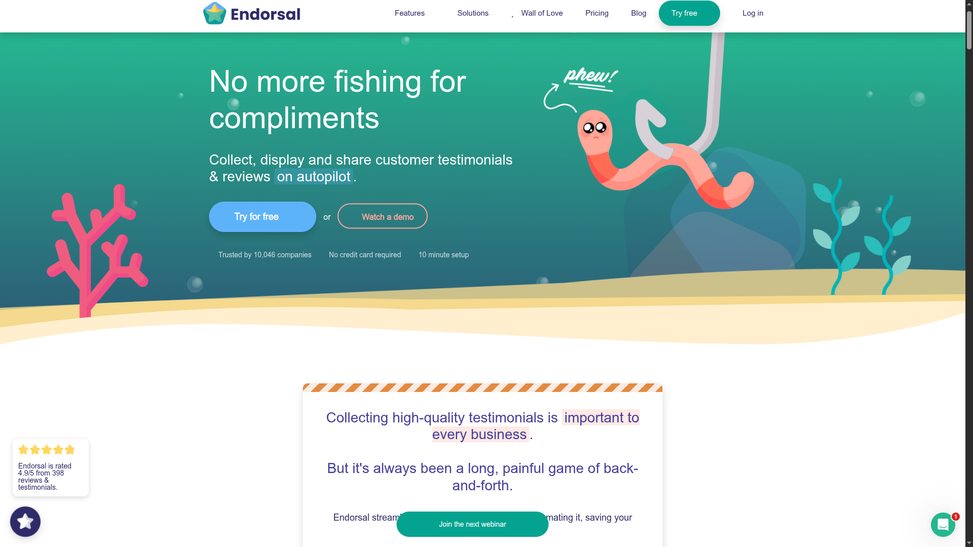 Endorsal automated testimonial request platform homepage