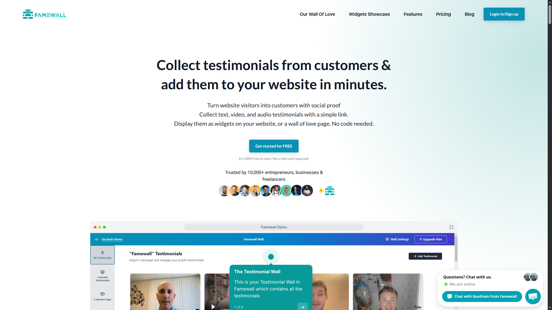 Famewall wall of love and testimonial collection homepage