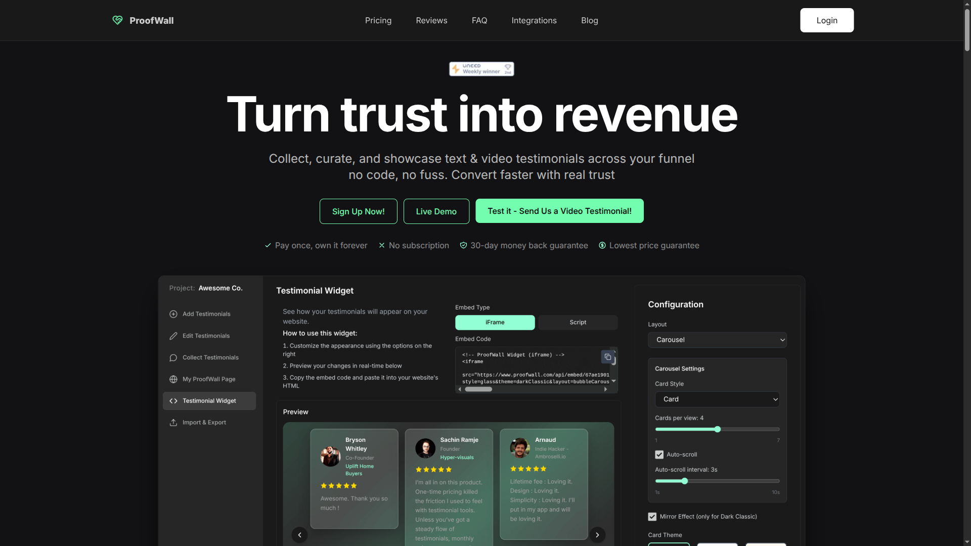 ProofWall homepage and testimonial widget dashboard