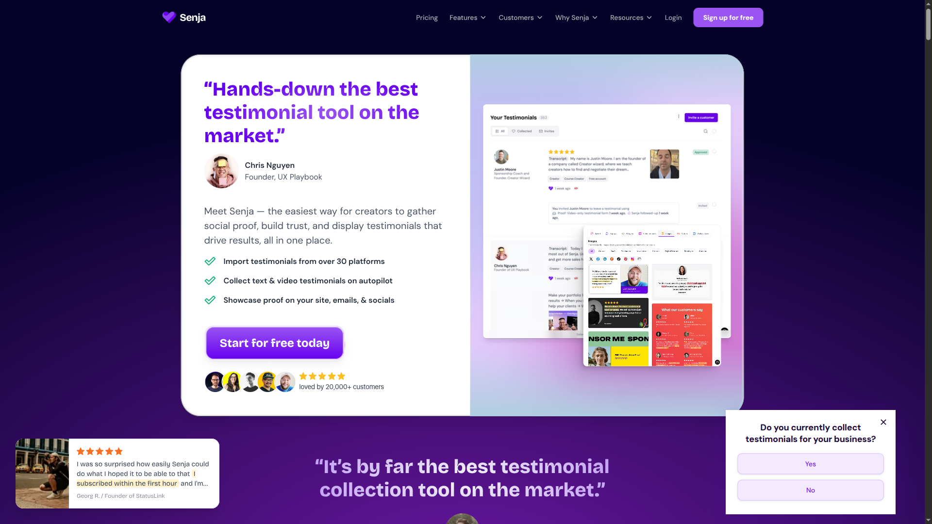 Senja testimonial collection and widget dashboard