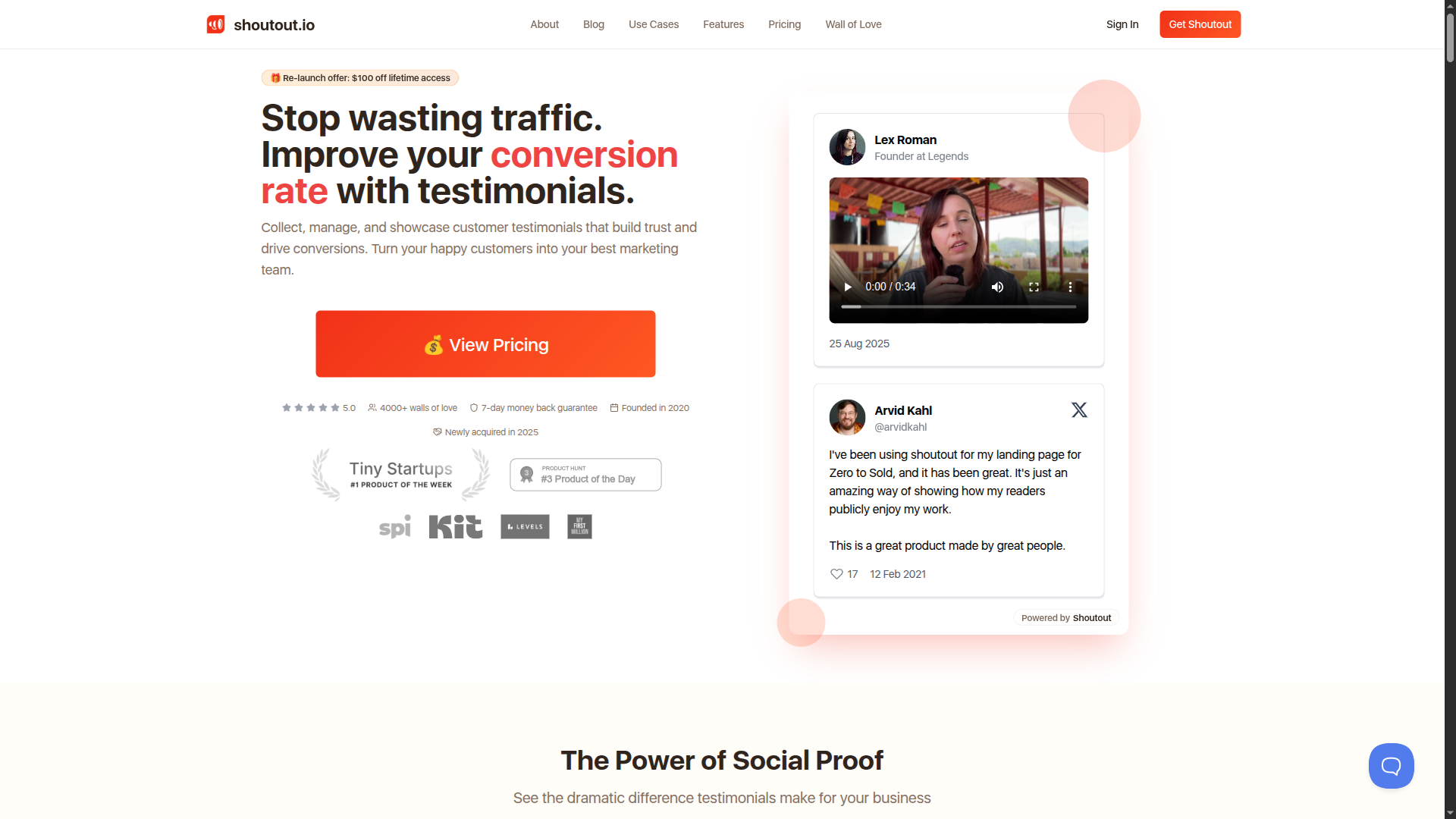 Shoutout testimonial collection and embed homepage
